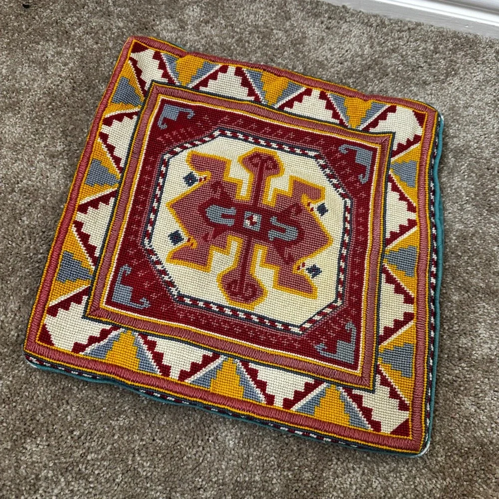 Vintage Handmade Needlepoint Geometric Tribal Pillow Cover Teal Velvet 13x13